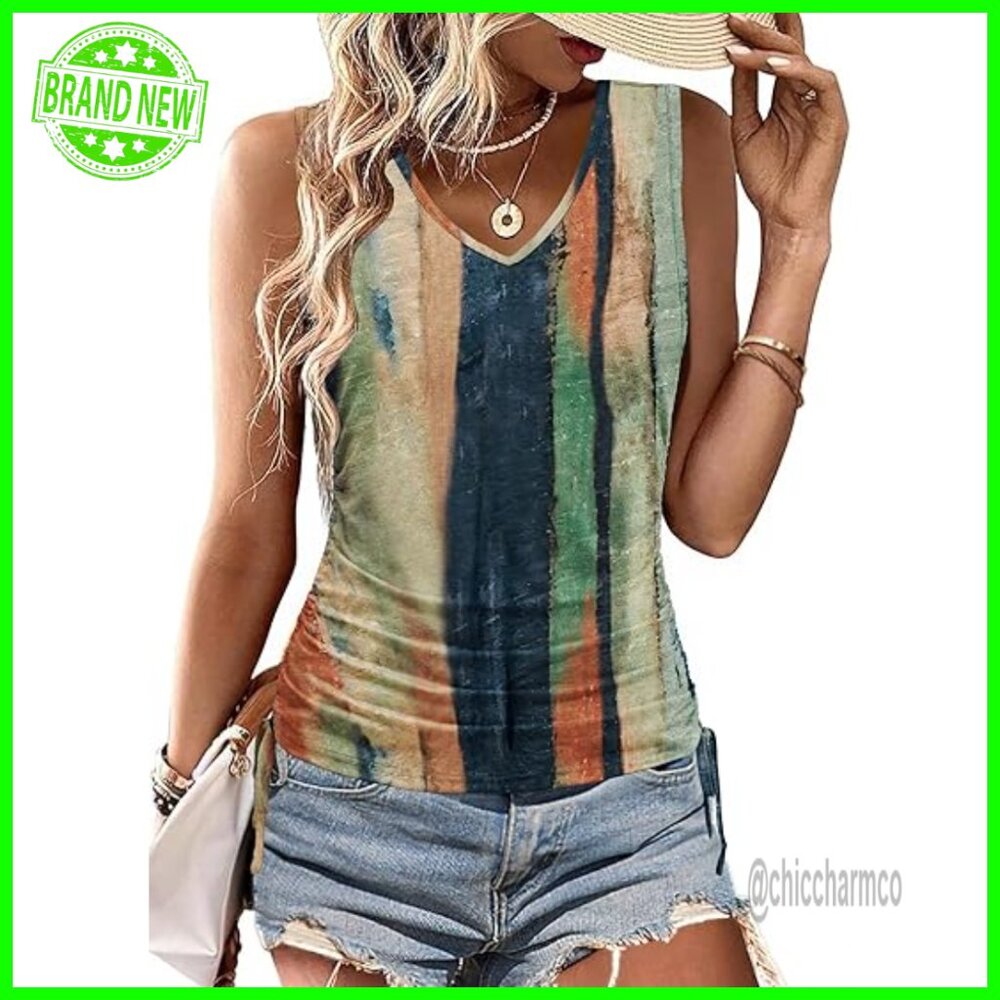 Women's Ruched Tank Top V-Neck Sleeveless Drawstring Side Casual Shirt